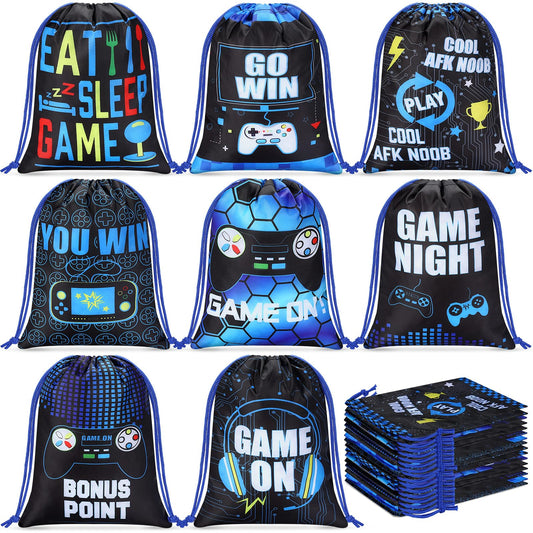 Faccito 16 Pieces Video Game Party Favors Bags 7 x 9.8 Inch Gaming Party Drawstring Bags Bulk Game Theme Goodie Candy Treat Gift for Boys Girls Birthday Supplies, 8 Styles(Blue)