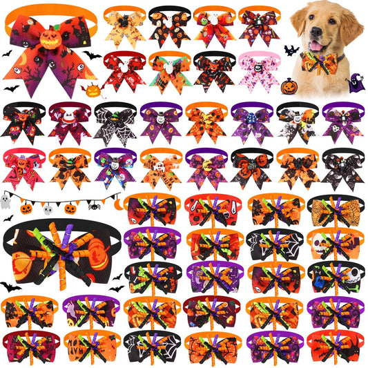 Huhumy 50 Pcs Halloween Dog Bow Ties Halloween Dog Collars Bulk Pet Collar Neckties Accessories for Small Medium Pet Cat Outfit Cosplay Party Supplies