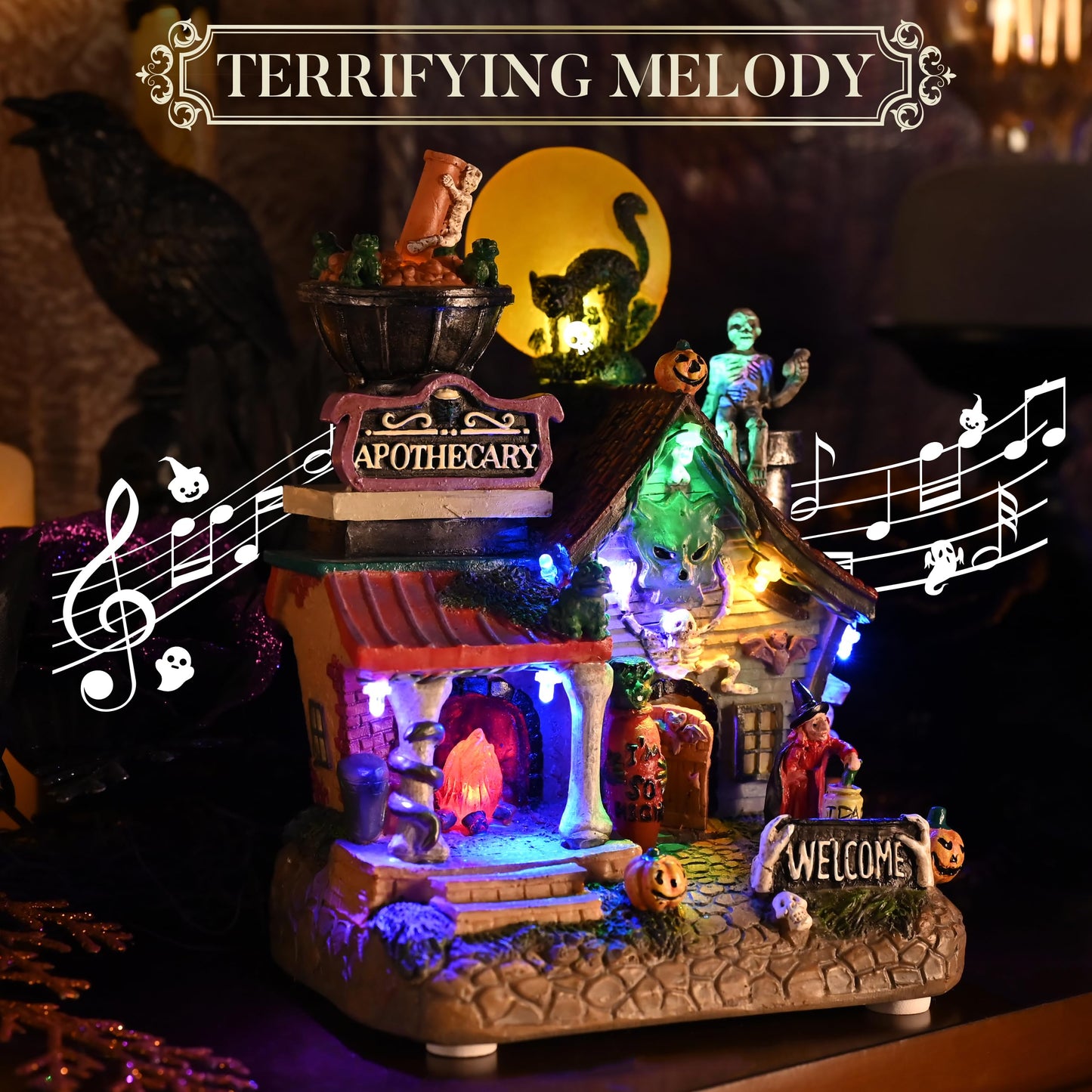 Valery Madelyn Halloween Decorations, Lighted Halloween Village Houses with Music and LED Lights, Resin Haunted House Spooky Town Scary Witch's Potion for Home and Party Table Desk Mantel, 8 Inch