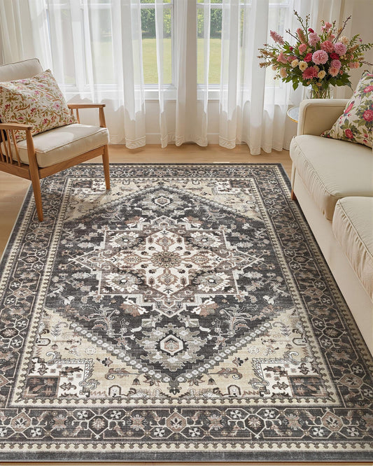 Micgeek 5x7 Vintage Area Rug: Washable Neutral Soft Non Slip Thin Large Floor Carpet for Living Room Bedroom Kitchen Dining Room Home Office Farmhouse Indoor - Black