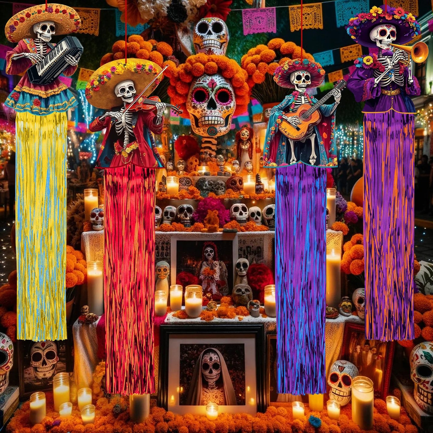 8 Pcs Day of The Dead Sugar Skull Hanging Decorations, 4.9 Ft Dia De Los Muertos Hanging Decorations for Dia de Los Muertos Altar, Ofrenda, Cemetery, Day of The Dead Party Home Outdoor Decor