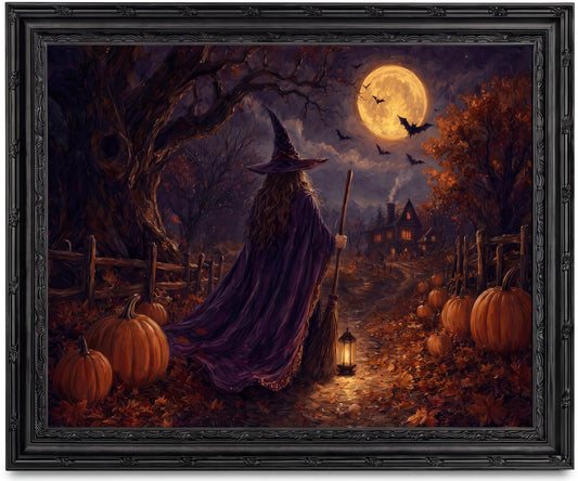 KYSNGMT Vintage Halloween Witch Framed Canvas Wall Art Gothic Room Decor