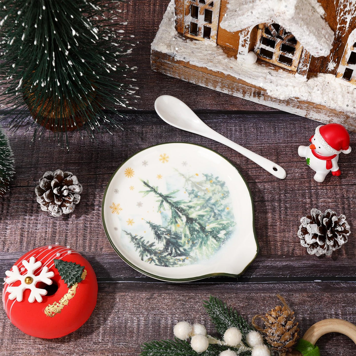 JarThenaAMCS 4.7inch Christmas Forest Spoon Rest Watercolor Xmas Tree Snowflake Small Coffee Spoon Holder for Winter Xmas Coffee Stirrers Teaspoon Bar Coffee Station Christmas Accessories