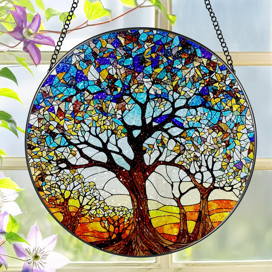 Stained Glass Window Hanging, LAOWEIKI 8'' Tree of Life Suncatcher, Stained Glass Ornament, Suncatchers for Windows Hanging, Window Decor, Outdoor or Indoor, Gifts for Women, Lovers, Couple, Friends
