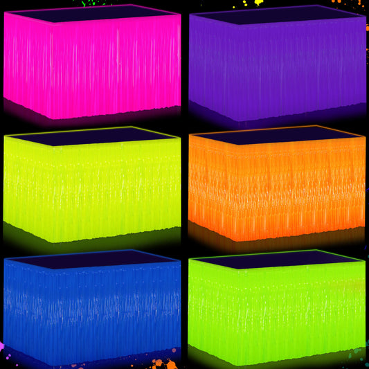 Glow in the Dark Party Supplies - 6Pack Neon Tinsel Fringe Table Skirts Party Decoration， 31.5"x118" UV Reactive & Fluorescent Neon Streamers for Birthday, Rave, Blacklight & Glow Event