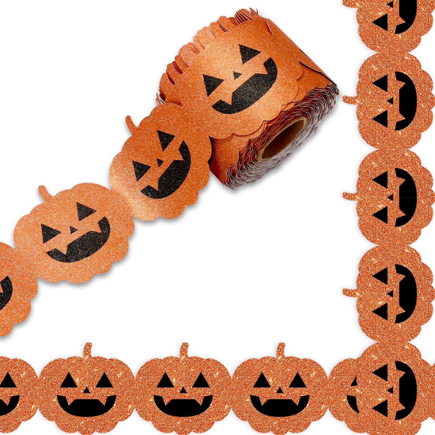 Whaline 65.6Ft Halloween Bulletin Board Border Glitter Orange Pumpkin Die Cut Trim Border Roll for Spooky Chalkboard Wall Decor