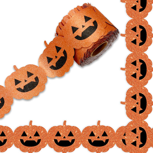 Whaline 65.6Ft Halloween Bulletin Board Border Glitter Orange Pumpkin Die Cut Trim Border Roll for Spooky Chalkboard Wall Decor