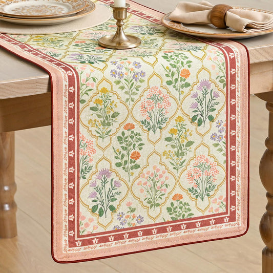 Artoid Mode Beige Diamond Plaid Flower Farmhouse Vintage Table Runner, Rustic Wrinkle Resistant Holiday Kitchen Dining Coffee Table Decoration for Home Party Decor 13x72 Inch