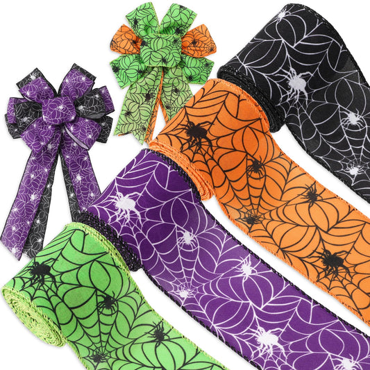 FYSUIMU 4 Roll Halloween Wired Edge Ribbon 2.5 Inch Spider Web Ribbon Colorful Spiderweb Fabric Ribbons Halloween Decorations for Wreath Bow Making DIY Crafts Gift Wrapping, 24 Yard