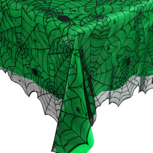 DEYIXUN 2Pcs Halloween Tablecloths, Black Lace & Green Lined Rectangular Table Cloth, Spider Web Table Cover for Scary Halloween Table Decorations Indoor, 54 x 72 Inch