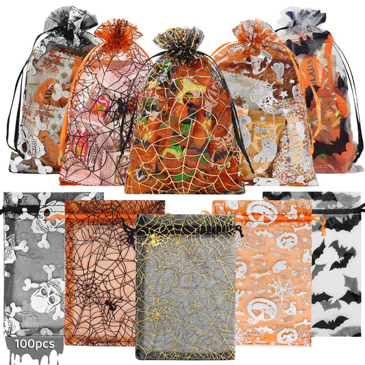Shintop 100pcs Halloween Organza Treat Bags, 4x6inch Small Goodie Candy Bags Drawstring Mesh Gift Pouches for Candies Trick or Treat