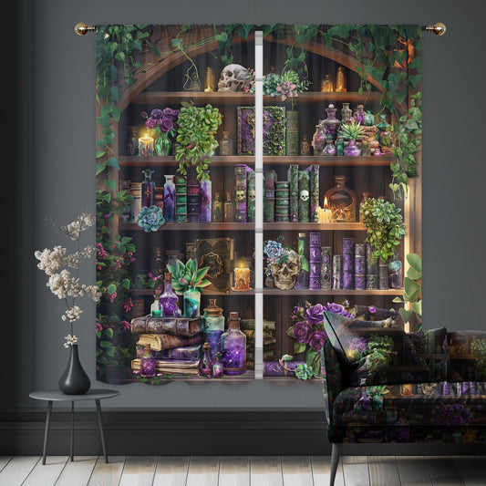 Mitpok Gothic Skull Curtains for Bedroom 42Wx63H Inch Rod Pocket Vintage Witchy Spooky Retro Wizard Magic Bookshelf Black Mysterious Succulent Plant 2 Panel Window Treatment Set for Living Room Decor
