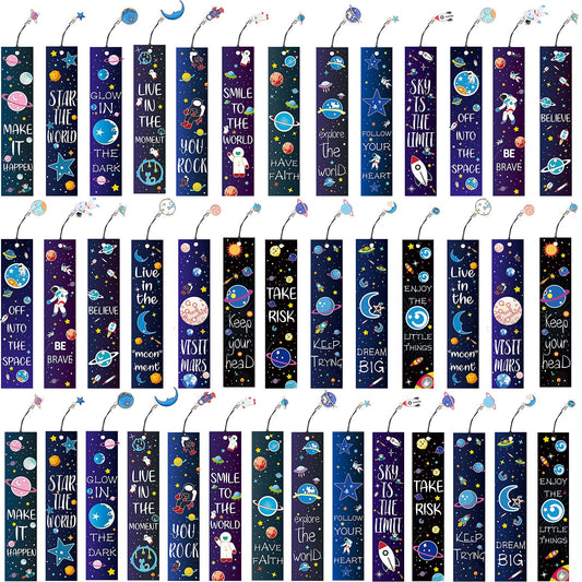 Zonon 40 Pcs Bulk Space Bookmarks for Kids Outer Space Party Favors Astronaut Planet Rocket Galaxy Theme Birthday Party Favors Inspirational Bookmarks with Charms for Boys Girls Student Reward Gift