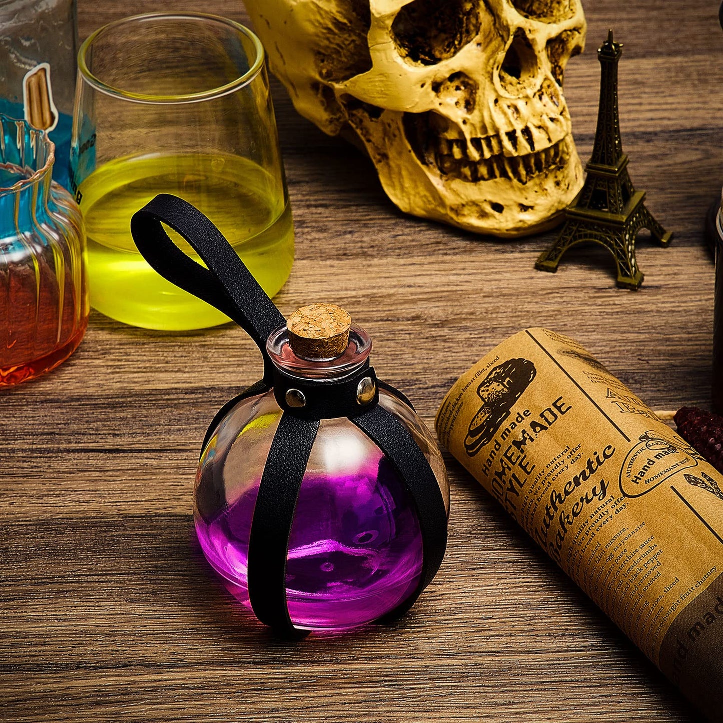 Patelai 6 Pcs Halloween Glass Potion Bottles with Belt Cork Renaissance Witch Costume Accessories Witch Props Potion Bottle for Halloween Party Decor Cosplay DIY Crafts Gift (Black)