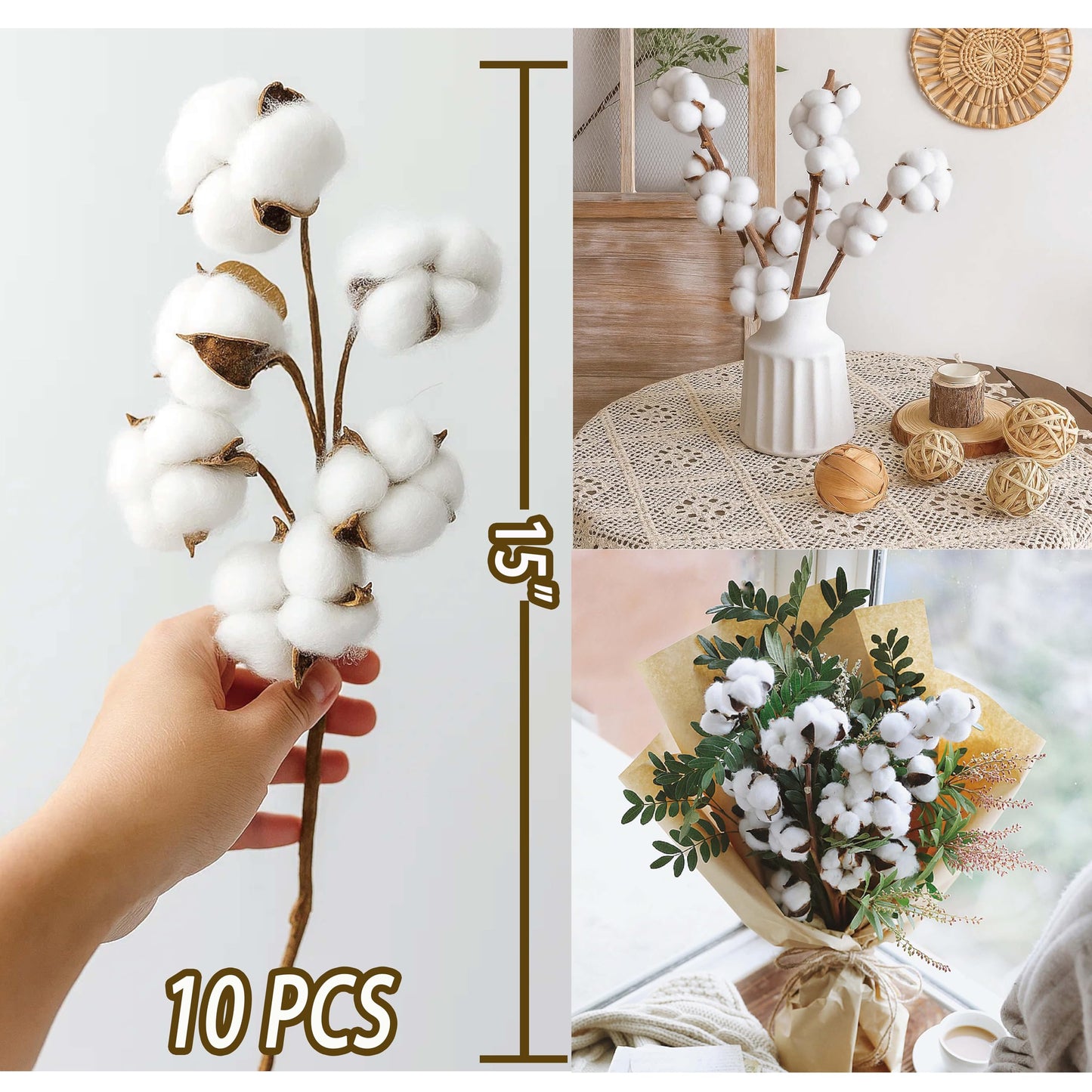 10 Packs Natural Dried Cotton Stems - 15 Inch Real Cotton Flowers with 20 Bolls, Rustic Farmhouse Decor Branches Bundle for DIY Vase Fillers and Wedding Centerpiece, Christmas, Halloween