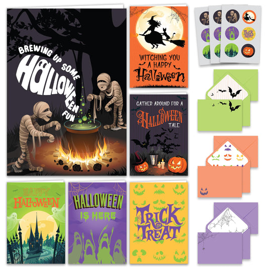 Decorably 18 Pack 5x7in Happy Halloween Cards with Envelopes and Stickers, 6 Adorable Designs Halloween Card Pack with Printed Message Inside
