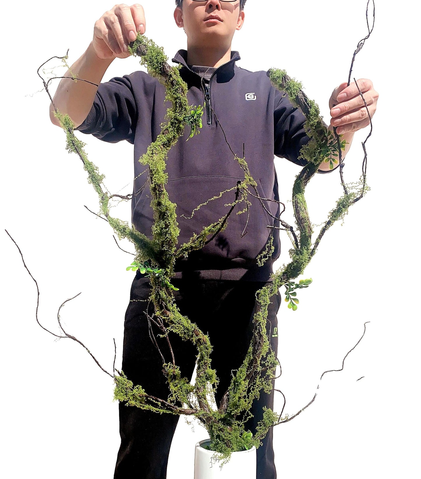 Dophinena 43 inches Moss Twig Vines Artificial Trees Branches Jungle Climber Fake Greenery Twigs Trunk with Greenery for Home Decor Garden Landscape Hanging Reptile Habitat Decor (Green - Pack of 2)