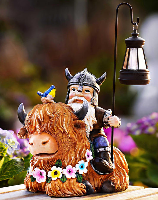 Vereemy Garden Gnome Outdoor Statue Highland Cow Decor for Yard Patio Lawn Porch Birthday Gifts for Women Men, Mother’s Day, Housewarming with Solar Light Gnome Decor for Outside