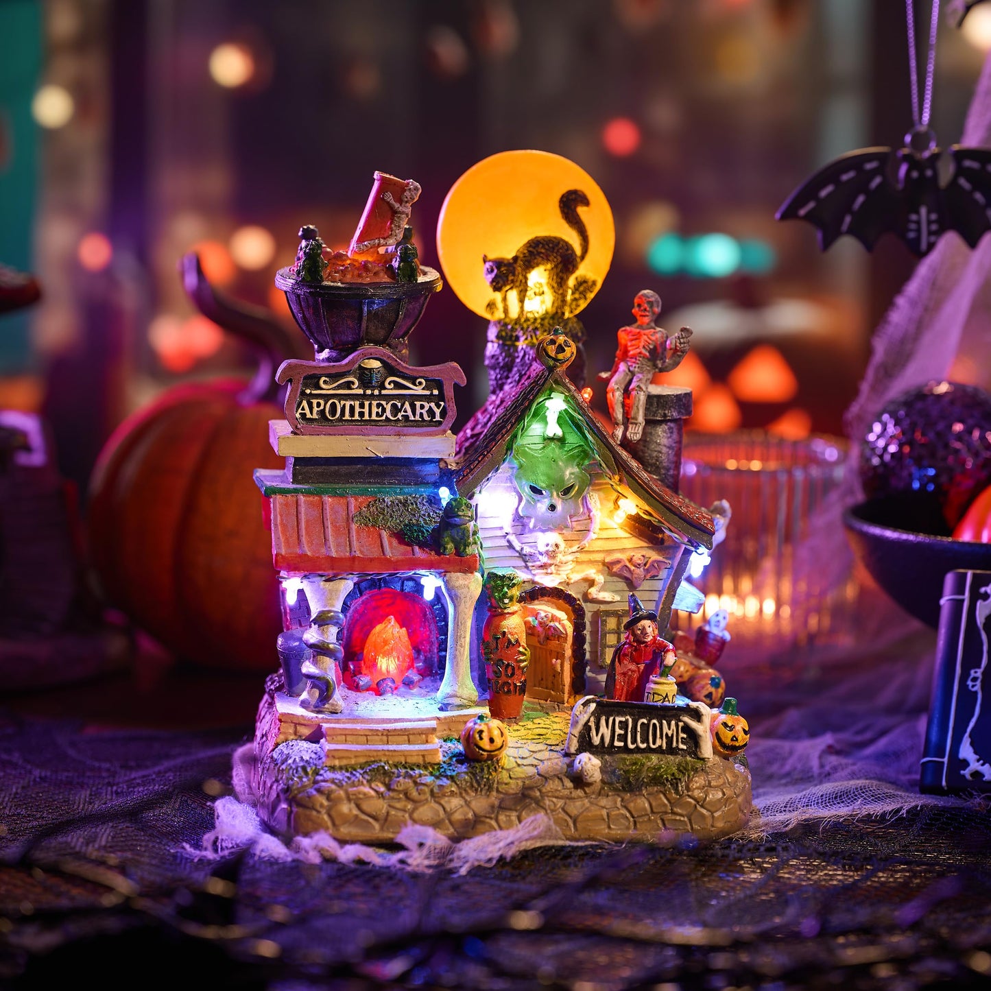 Valery Madelyn Halloween Decorations, Lighted Halloween Village Houses with Music and LED Lights, Resin Haunted House Spooky Town Scary Witch's Potion for Home and Party Table Desk Mantel, 8 Inch