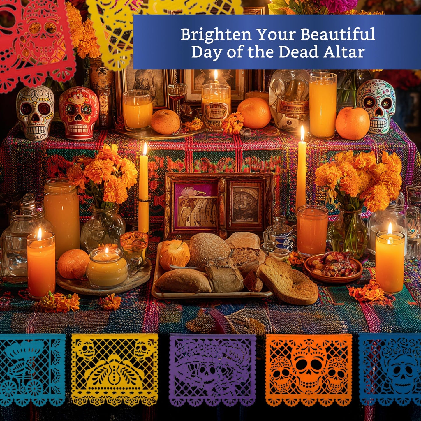 Mexican Party Banners (5 Pack - 10 Plastic Flag Designs per Banner) - Papel Picado Dia de Los Muertos Decorations for Altar - Day of the Dead Banners - Day of Dead Decor