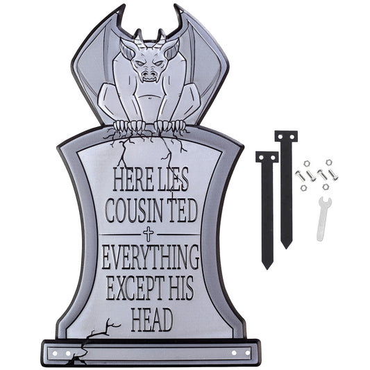 3-D Metal Halloween Ghost XL 17" Tombstone w Stakes-RIP Cousin Ted(Gargoyle)-Durable, Rustproof, UV Raised Printing-Upgrade Your Haunted House Party Cemetery Lawn Decor-No More Flimsy Foam Graveyards