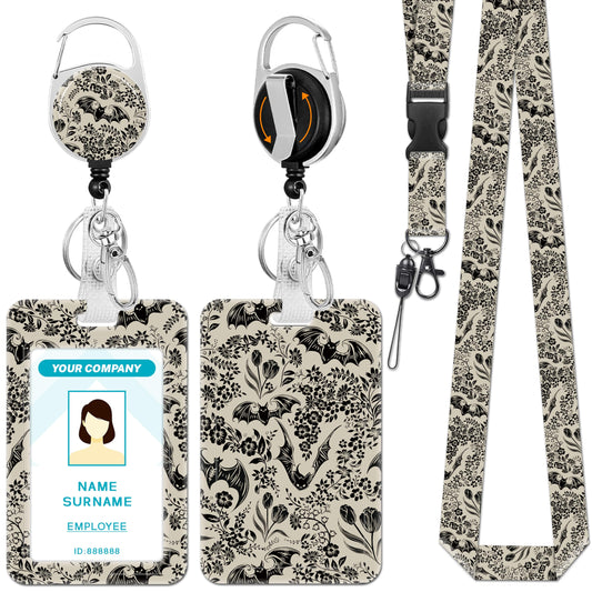 Hancynir Goth Bat Floral Lanyards for Id Badges, Gothic Badge Holder with Retractable Reel Clip, Work Name Tags Keychain Lanyard with ID Holder, Card Protector for Teacher Nurse Doctor Office Gifts