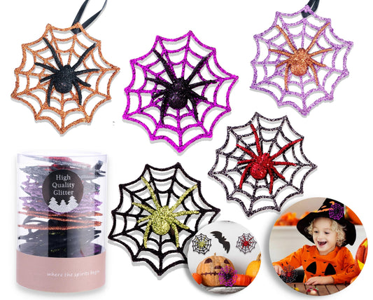 Christmas Traditions 16 Pcs 4 inch 3D Glittered Halloween Spider Ornaments on Web for Door/Window/Wall, Indoor/Outdoor use Party Decorations 5 Colors asst, Small, Various-5 Cols, WW-1011