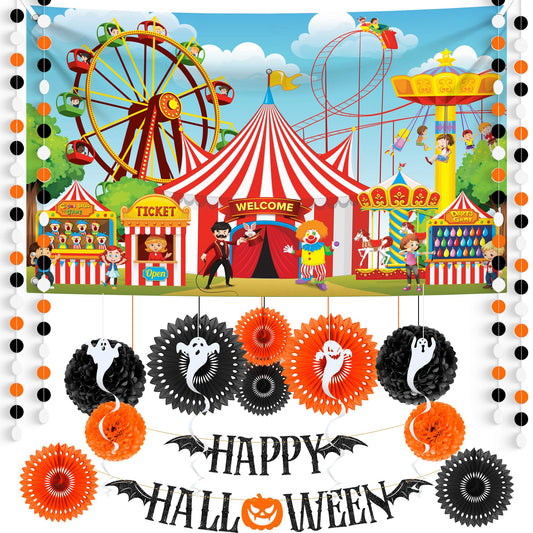 Halloween Party Decoration Set - Pack of 17 and XtraLarge Carnival Backdrop - 72x44 Inch | Halloween Pompom, Happy Halloween Garlands, Halloween Party Decorations | Halloween Carnival Decorations