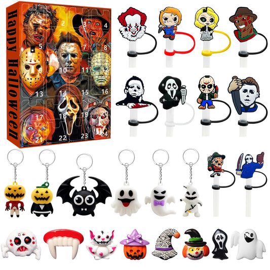 C1krint 2025 Halloween Advent Calendar - Contain 24 Gifts Horror Movie Character Advent Calendar Straw Topper Keychains Figures Toy for Kids Halloween Christmas Countdown Calendar Birthday Party Gifts