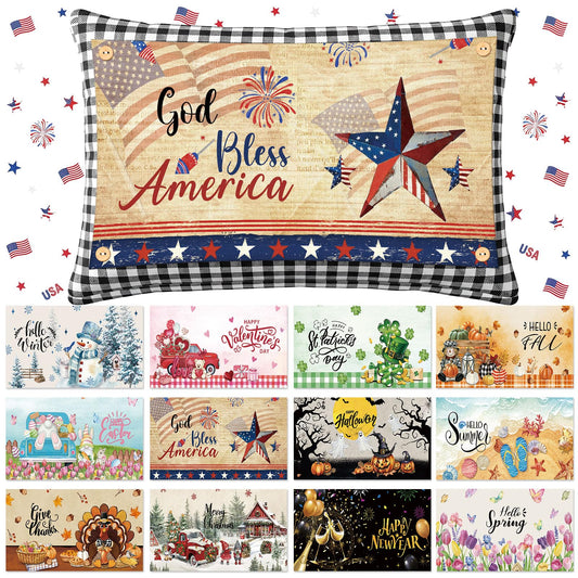 Chicplaid 4th of July Throw Pillow Cover Set 12 x 20 Inch Rectangle Seasonal Holiday Plaid Pillowcase with 12 Interchangeable Pillow Panels Patriotic Lumbar Cushion Cover for Home Decor(Classic)