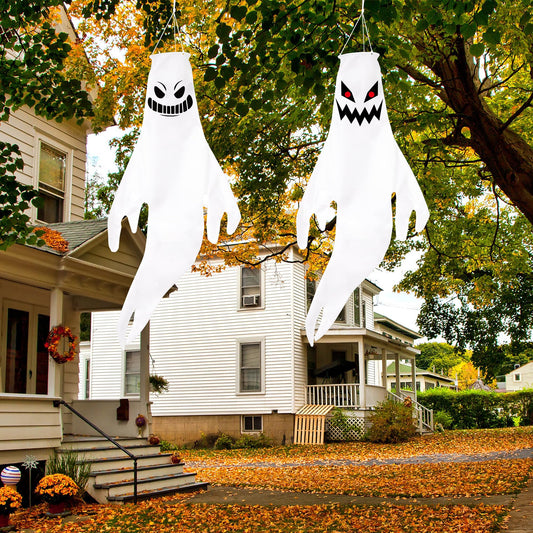 Geefuun 2PCS Halloween Fierce Ghost Windsocks Hanging Decorations - 43 Inch Flag Wind Socks for Home Yard Outdoor Decor Party Supplies