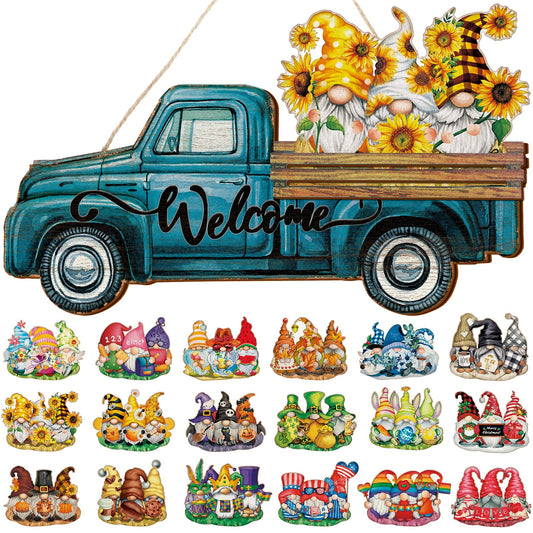 Chitidr Spring Summer Interchangeable Gnome Welcome Sign, 1 Seasonal Wooden Truck Door Hanger with 22 Spring Summer Holiday Gnome Decorations (Blue)