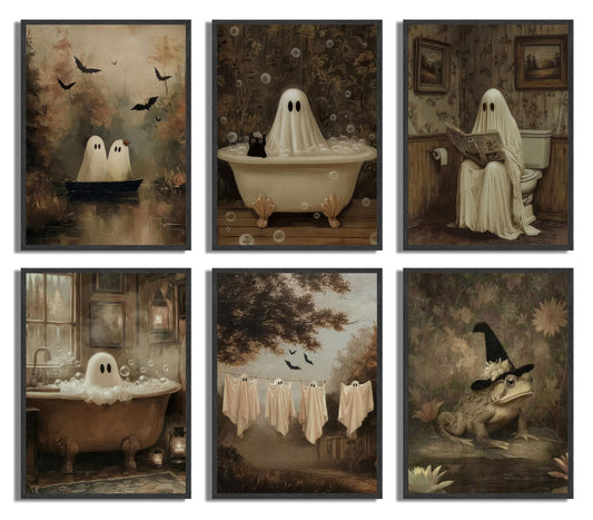 6Pcs Halloween Ghosts Wall Art Horror Ghost and Black Cat in Bathroom Posters Prints Vintage Fall Landscape Ghostly Canvas Wall Decor Creepy Dark Academia Painting Pictures 8x10 Unframed