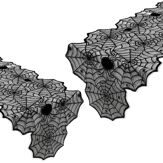 DTOFOOT 4 Pack Halloween Table Runner, 18 x 72 Inch Black Lace Spider Web Table Runner for Halloween Decorations Gothic Cobweb Tablecloth for Dining Table Fireplace Mantel Party Decor