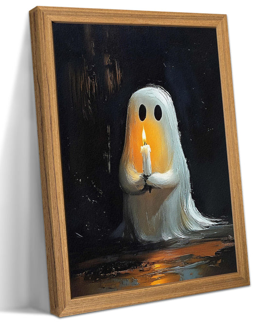 Framed Vintage Halloween Ghost Wall Art - Spooky Candle Ghost Fall Texture Pictures Wall Decor for Living Room, Kids Room, Halloween Bedroom or Party 12x16 inch