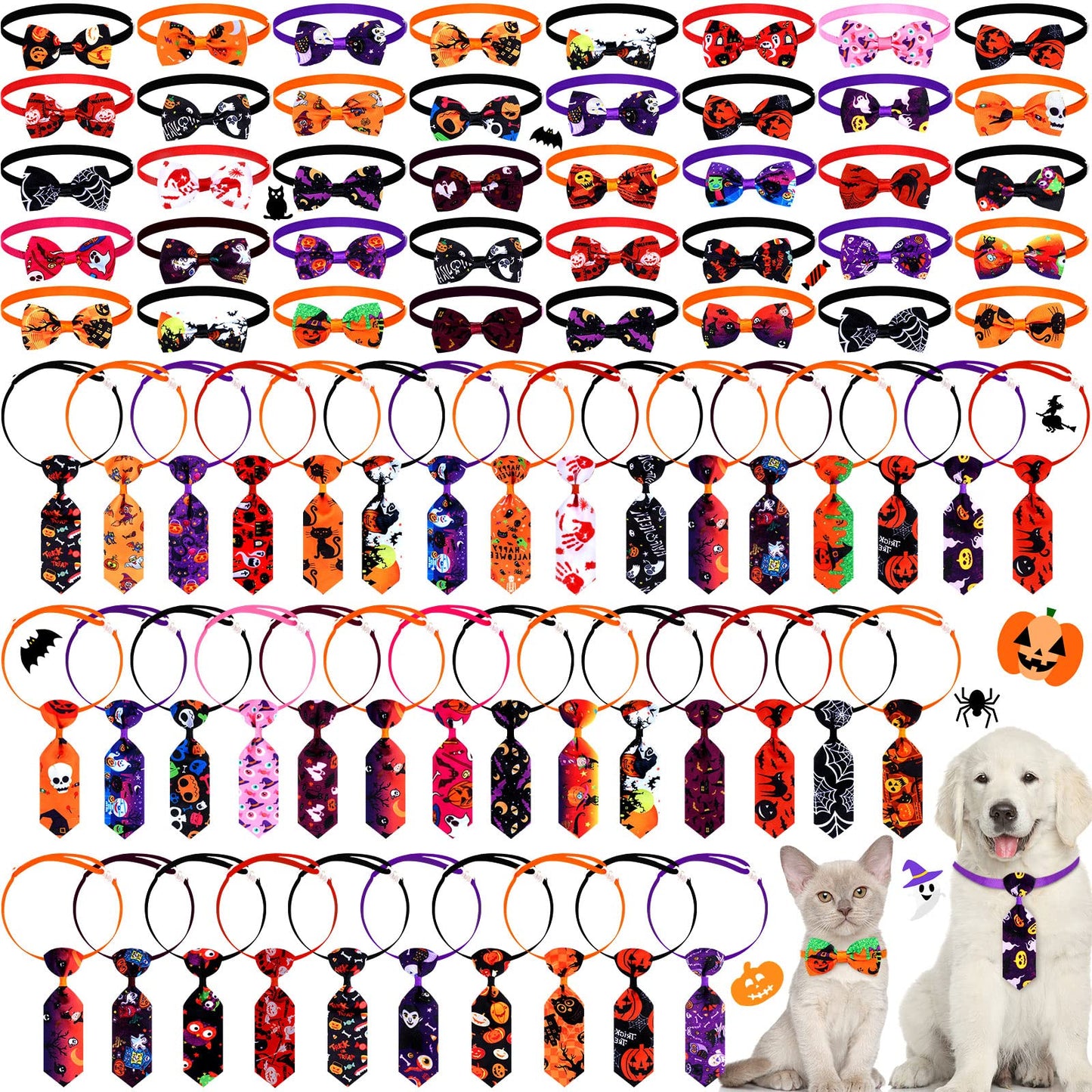 Eccliy 80 Pcs Halloween Dog Bow Ties 40 Dog Bow Ties 40 Pet Neckties Pumpkin Bat Witch Ghost Adjustable Collar Pet Accessories for Cat Halloween Holiday Decoration