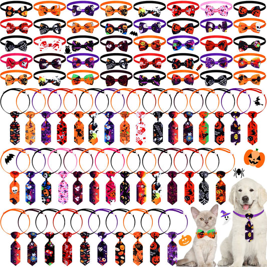 Eccliy 80 Pcs Halloween Dog Bow Ties 40 Dog Bow Ties 40 Pet Neckties Pumpkin Bat Witch Ghost Adjustable Collar Pet Accessories for Cat Halloween Holiday Decoration