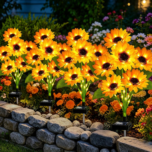 VOOKRY Solar Lights Outdoor, 4 Pack with 24 Sunflower Lights, Waterproof Solar Flowers Garden Decor, Birthday Gifts for Mom Women Grandma, Sunflowers Yard Decoration for Lawn Backyard Patio Flowerbed