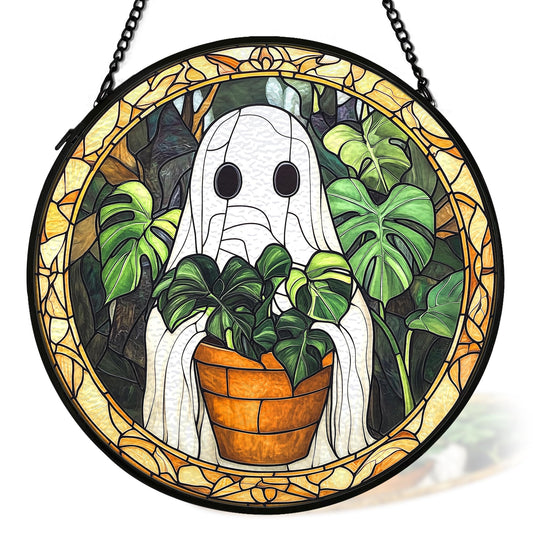 cvjutf Halloween Ghost Suncatcher Stained Glass Window Hanging Decor, Cute Ghost Stained Glass Wall Decor, Plant Lovers Gifts, Botanical Garden Sun Catchers Indoor Window Hanging Wall Art, 7.9x7.9In