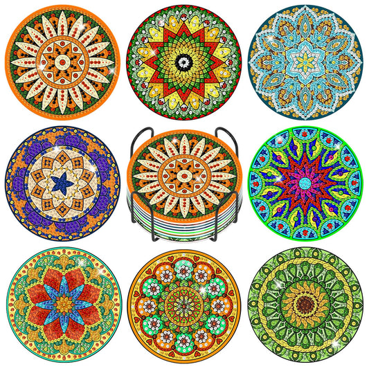 GEEHEIY Mandala Diamond Art Coasters Kit for Adults, 8PCS Colorful Boho Diamond Painting Coasters with Holder, DIY Relaxing Craft for Home Decor, Meditation & Housewarming Gifts