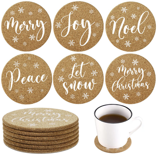 Patelai 6 Pieces Christmas Coasters Christmas Cork Coaster 4 Inch Round Shaped Farmhouse Coasters Heat-resistant Cup Mat Peace Joy Noel Printed Coasters for Drink, Cup, Mugs Living Bedroom Party Decor
