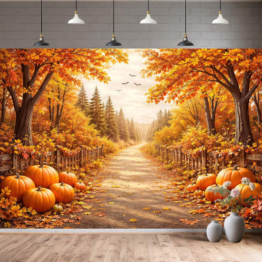 Bondjos Fall Photography Backdrop, Fall Pumpkin Rustic Country Road Maple Leaf Forest Photo Backdrop,Vibrant Photoshoot Backdrop, Photo Booth Background for Autumn Thanksgiving Halloween Party Decor