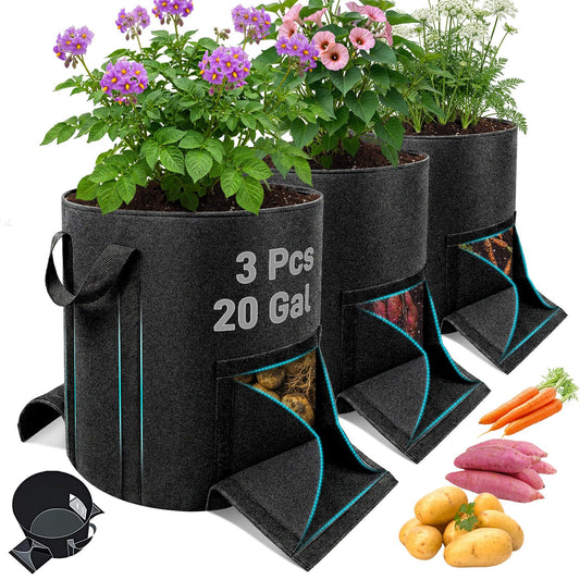Mulctun 3Pcs 20 Gallon Potato Grow Bags, Grow Bags with Harvest & Visible Windows,Potato Bags for Growing Potatoes with Sturdy Handles,Potato Growing Containers for Growing Potatoes Vegetables