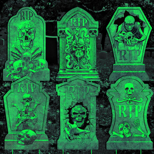 Halloween Decorations Tombstones Yard Sign,6Pcs Luminous Rip Halloween Gravestones With 13.7'' Stake Large Graveyard Glow In The Dark Headstone Signs For Outdoor Yard Lawn Garden Cemetery Scary Decor