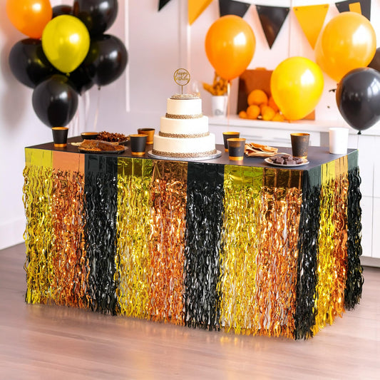 KatchOn, Black and Gold Table Fringe – Pack of 2 | Black, Gold, Orange Party Decorations | Tinsel Table Skirt Streamers for Graduation Decorations 2026 | Construction Party Decorations