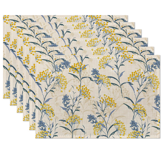Vintage Floral Plant Placemats Set of 6,Yellow Blue Table Mats Non-Slip Heat Resistant Washable Placemat for Party Kitchen Dining Table Decoration Indoor Outdoor