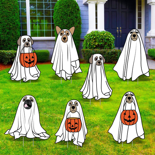 Nuanchu 7 Pcs Halloween Yard Outdoor Decorations Ghost Dog Yard Signs Corrugated Plastic Ghost Dog Pumpkin Lawn Sign with Stakes Waterproof Halloween Garden Stakes for Outside Scary Spooky Decor