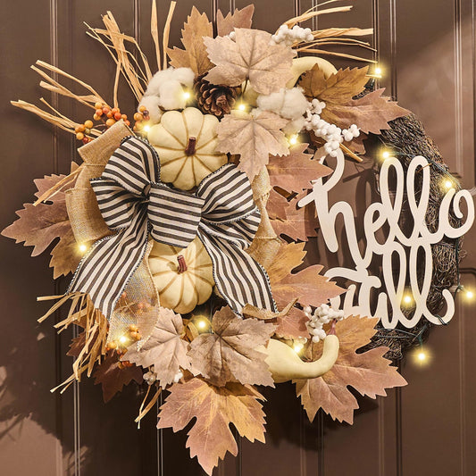 Valery Madelyn 22'' Collapsible Fall Wreaths for Front Door, Neutral Autumn Door Wreath with Lights Pumpkins Bow Outdoor Fall Halloween Decorations for Home Porch Thanksgiving Harvest Outdoor Decor