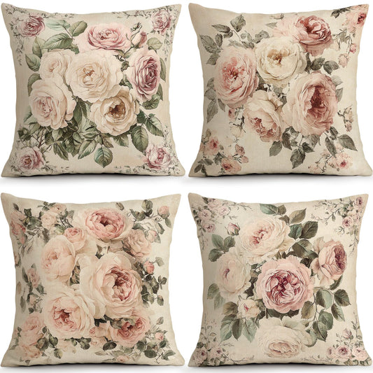 BEWQ Vintage Pink Rose Pillow Covers, 18X18 inch Set of 4 Floral Pillow Cover Outdoor Pillow Cases Decorative Cushion Covers Farmhouse Home Garden Sofa Decor