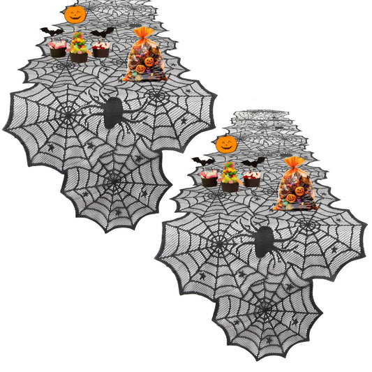 Halloween Table Runner, 2 Pcs Black Lace Spider Web Table Runner for Halloween Decor, 18 X 73 Inch Gothic Spider Lace Cover Table Runner for Dining Table Centerpiece Decor, Halloween Table Decorations